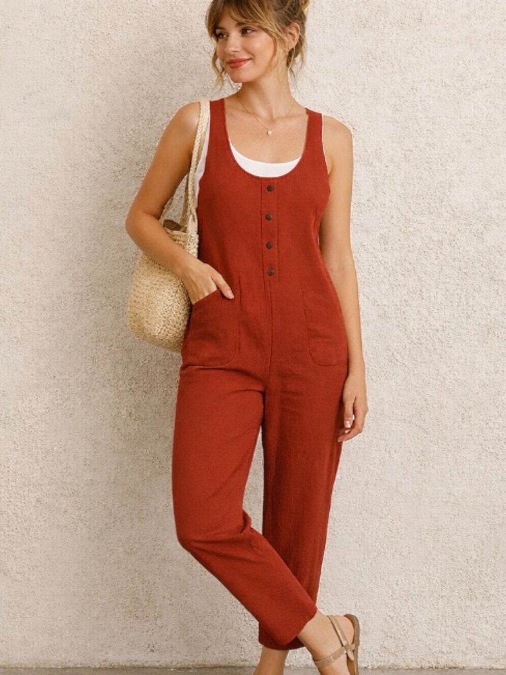Women's bib overalls rust colored pockets relaxed fit size small cotton